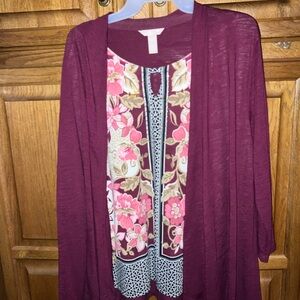 Floral Patterned Burgundy Cardigan and Top Set